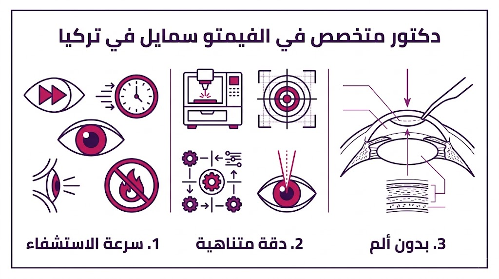 إنفوجرافيك تعليمي يستعرض مزايا العلاج مع دكتور متخصص في الفيمتو سمايل في تركيا.