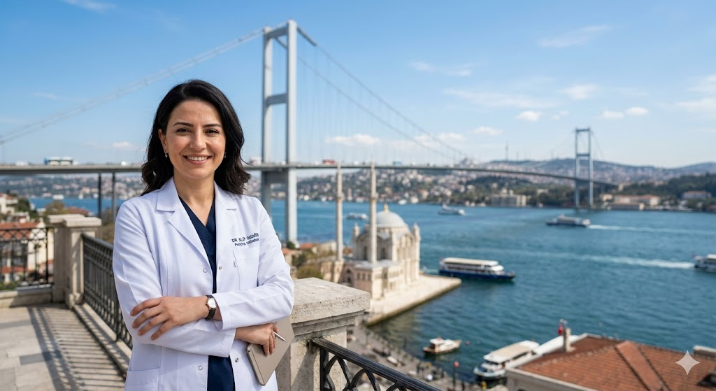 دكتور متخصص في الفيمتو سمايل في تركيا يقف أمام جسر البوسفور في اسطنبول بابتسامة واثقة.