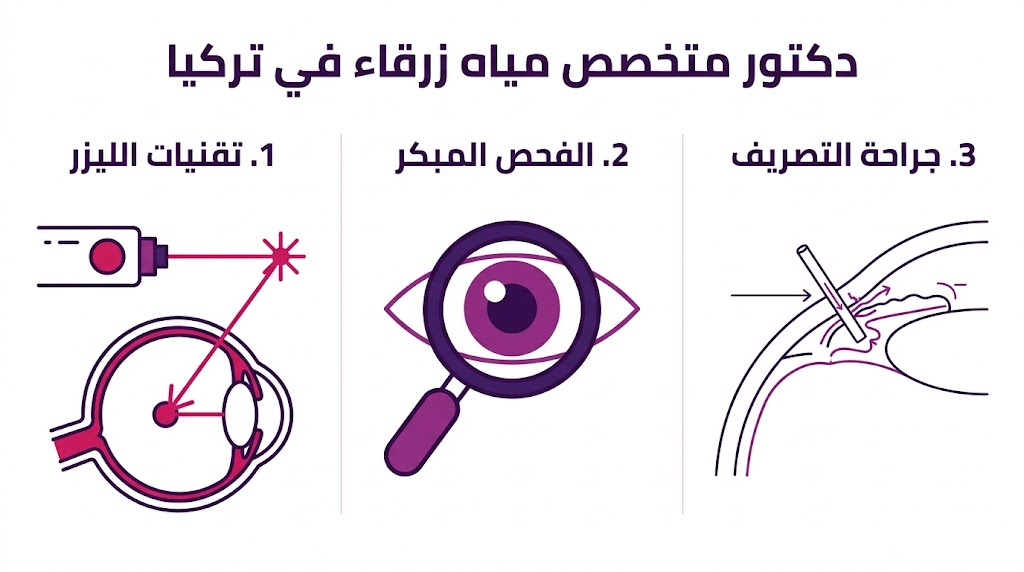 بوستر طبي يوضح أهم ثلاث ركائز لعلاج الجلوكوما مع دكتور متخصص مياه زرقاء في تركيا.