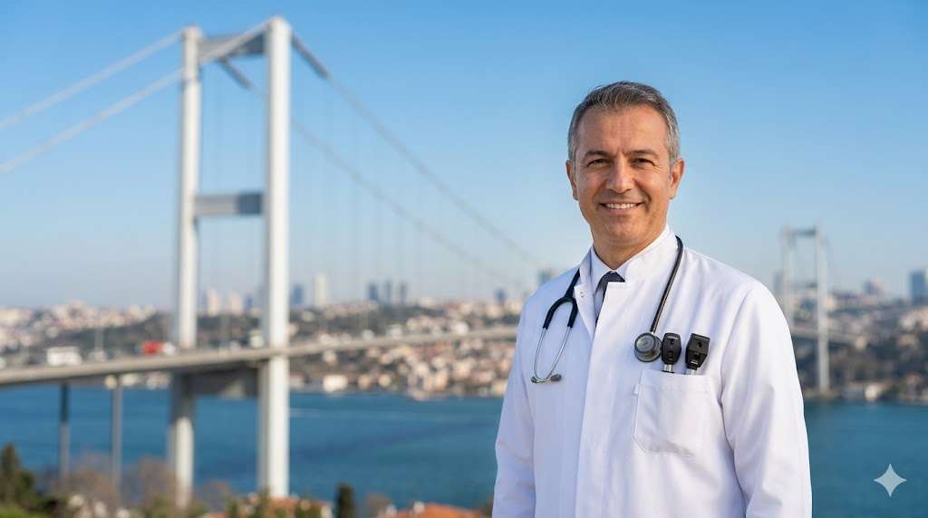 دكتور متخصص مياه زرقاء في تركيا يقف أمام جسر البوسفور في إسطنبول تعبيراً عن الريادة في الطب والسياحة العلاجية.