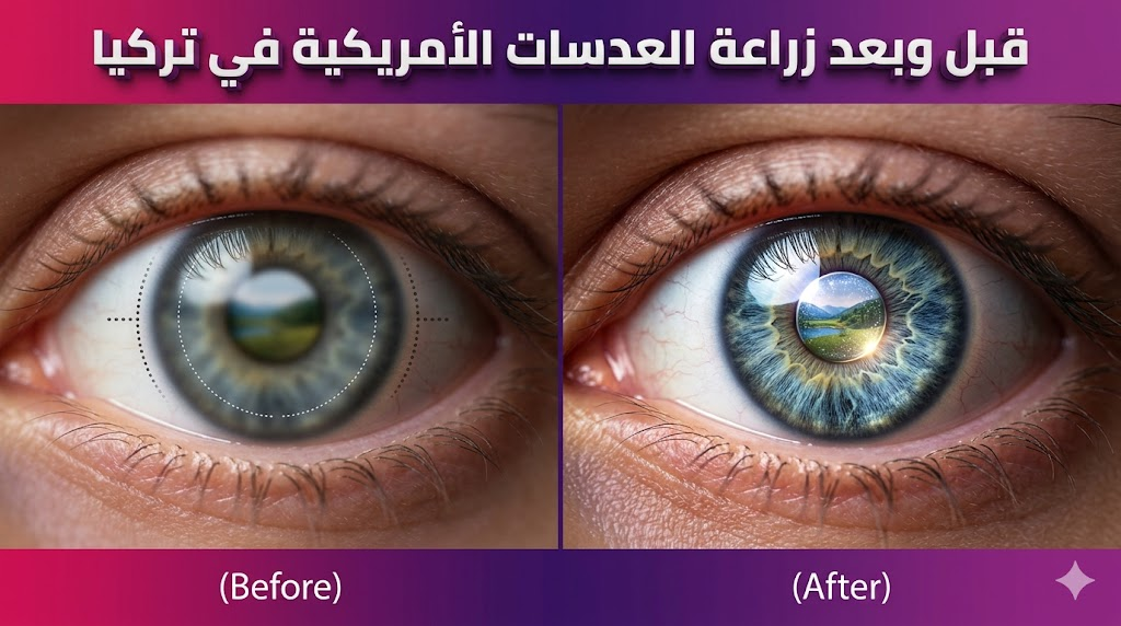  مقارنة قبل وبعد توضح دقة الرؤية والتحول البصري بعد إجراء زراعة العدسات الأمريكية في تركيا.