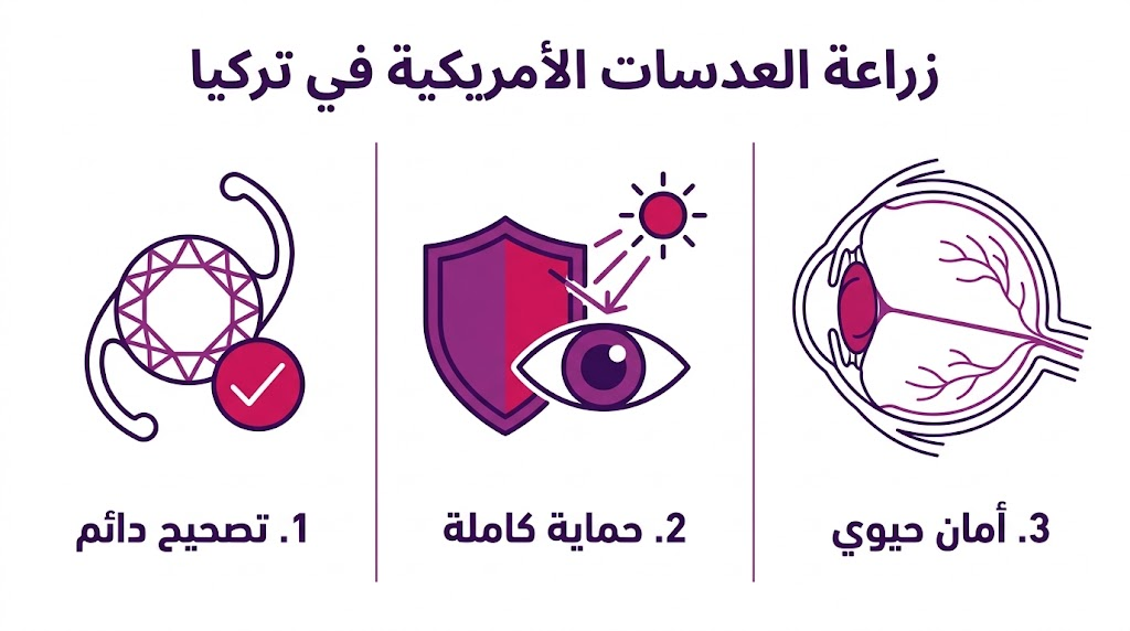بوستر إنفوجرافيك طبي يبرز أهم 3 مزايا تقنية لعملية زراعة العدسات الأمريكية في تركيا.