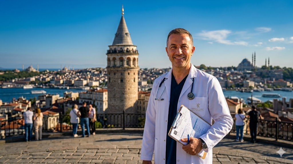 طبيب عيون مختص في زراعة العدسات الأمريكية في تركيا يقف أمام برج غالاتا التاريخي في إسطنبول.