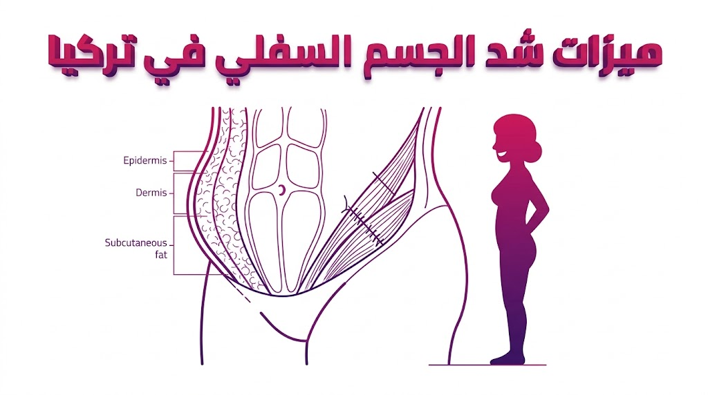 إنفوجرافيك تشريحي يوضح التقنية العلمية وراء ميزات شد الجسم السفلي في تركيا.