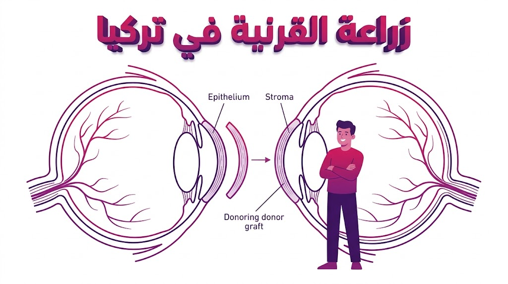  إنفوجرافيك طبي يوضح التشريح الدقيق للعين وكيفية استبدال طبقات القرنية التالفة خلال عملية زراعة القرنية في تركيا.