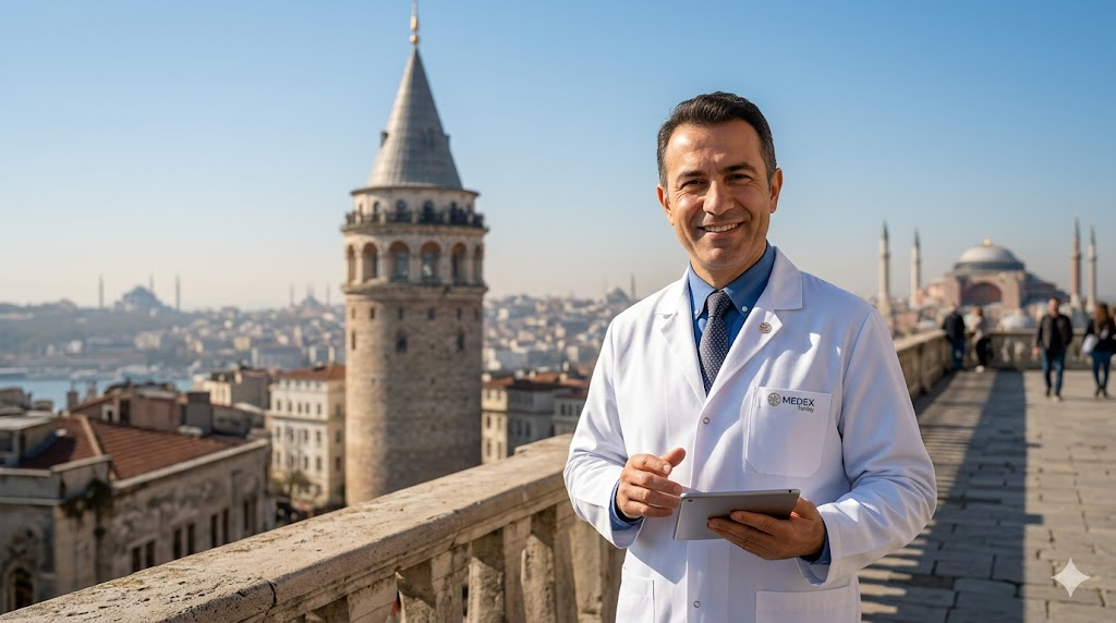 طبيب عيون مختص في زراعة القرنية في تركيا يقف أمام برج غالاتا التاريخي في إسطنبول.