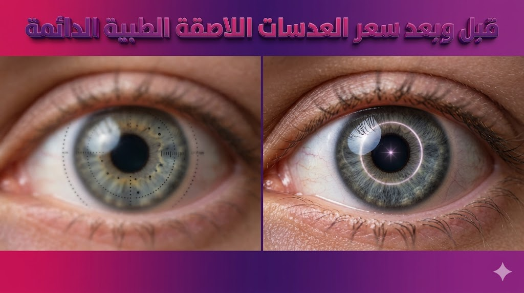 مقارنة قبل وبعد لعملية زرع العدسة توضح تحسن الرؤية ونتائج سعر العدسات اللاصقة الطبية الدائمة.