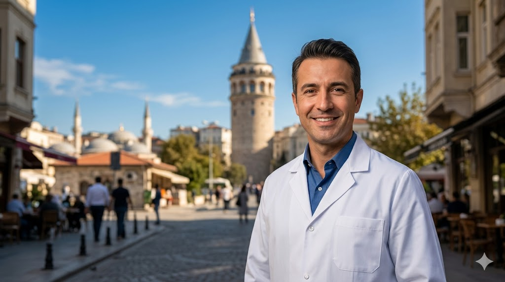 جراح عيون خبير أمام برج غالاتا في اسطنبول يمثل الجودة الطبية المرتبطة بـ تكلفة زراعة القرنية الكلية (PKP).