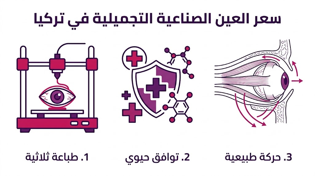 بوستر إنفوجرافيك يوضح العوامل المؤثرة على سعر العين الصناعية التجميلية في تركيا مثل التقنية والمواد المستخدمة.