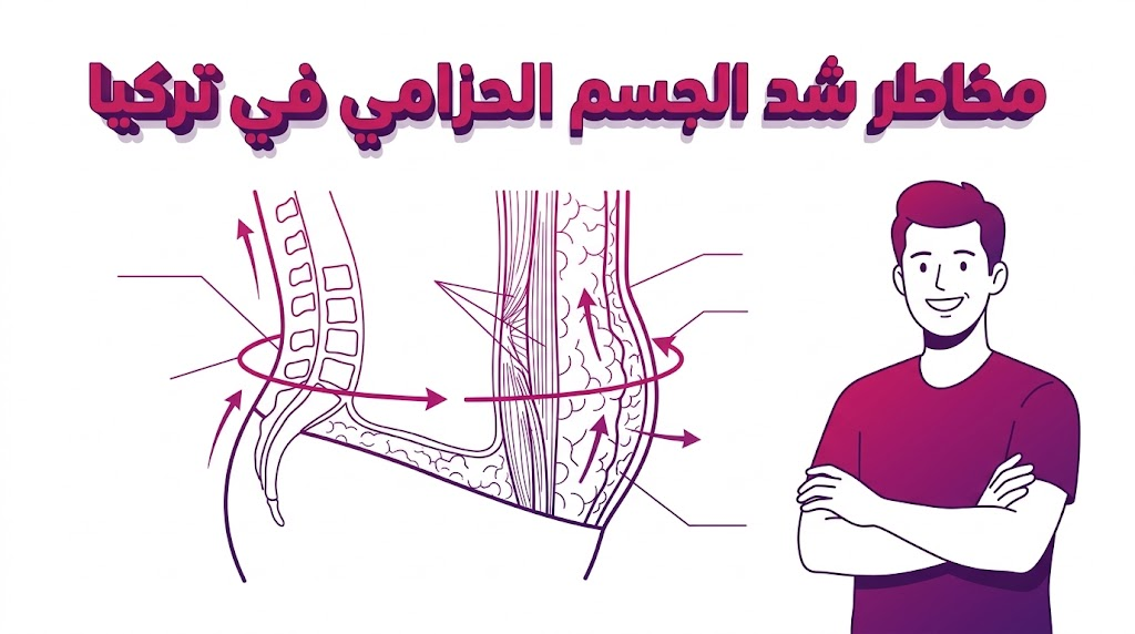 إنفوجرافيك تشريحي يوضح الطبقات الحيوية المرتبطة بـ مخاطر شد الجسم الحزامي في تركيا بأسلوب الرسم الهندسي الطبي.