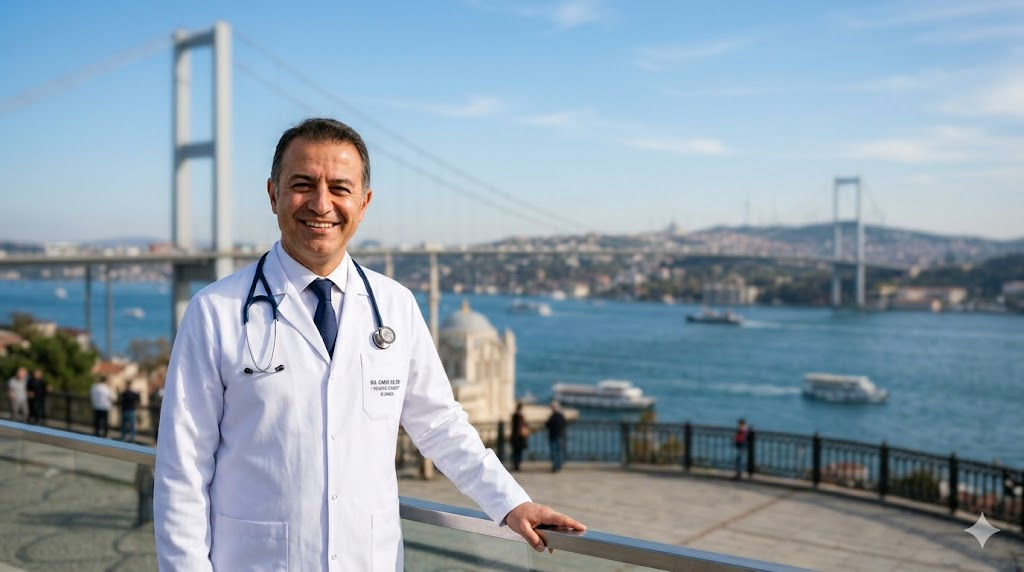 طبيب تجميل خبير يقف أمام برج غالاتا في اسطنبول لتقديم نصائح حول مخاطر شد الجسم الحزامي في تركيا.