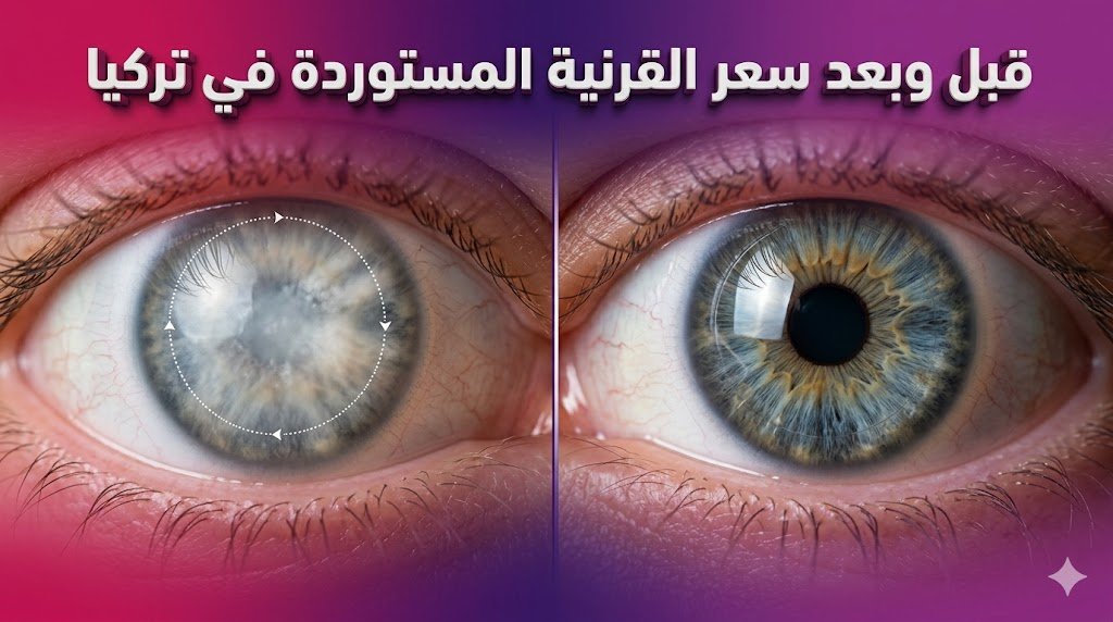  صورة واقعية "قبل وبعد" توضح نتائج استبدال القرنية التالفة بقرنية شفافة مع نص سعر القرنية المستوردة في تركيا.