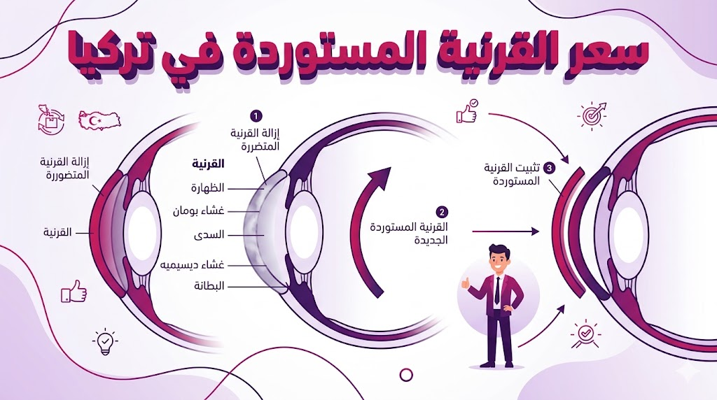  إنفوجرافيك طبي يشرح التشريح الداخلي للعين وخطوات الزراعة المتعلقة بـ سعر القرنية المستوردة في تركيا.
