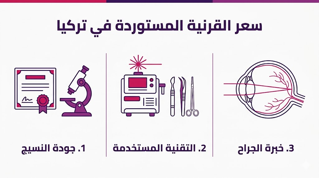  بوستر إنفوجرافيك تعليمي يوضح العوامل الثلاثة الأساسية التي تحدد سعر القرنية المستوردة في تركيا.