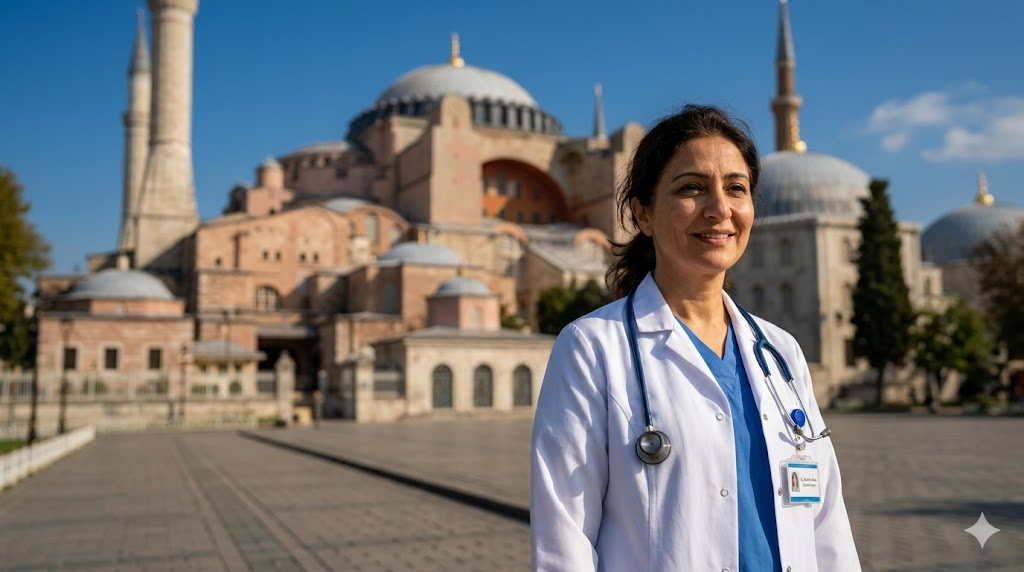 طبيب عيون مختص يقف أمام جامع آيا صوفيا في اسطنبول للإعلان عن توفر سعر القرنية المستوردة في تركيا.