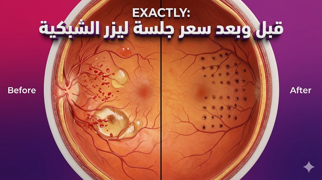  مقارنة قبل وبعد علاج الشبكية بالليزر توضح نتائج سعر جلسة ليزر الشبكية في تحسين حالة العين.