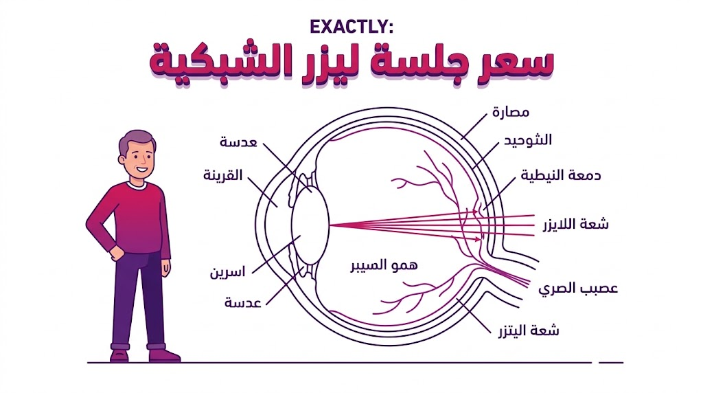  إنفوجرافيك تعليمي يوضح آلية عمل ليزر الأرجون للعين وارتباطه بـ سعر جلسة ليزر الشبكية.