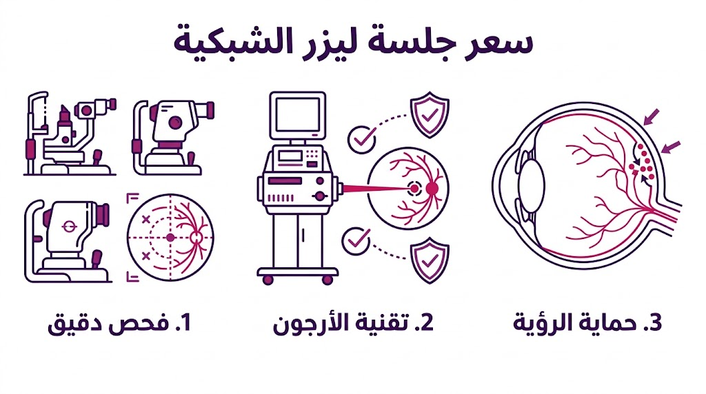  بوستر إنفوجرافيك يشرح خطوات ومميزات ليزر الأرجون ضمن خدمة سعر جلسة ليزر الشبكية.