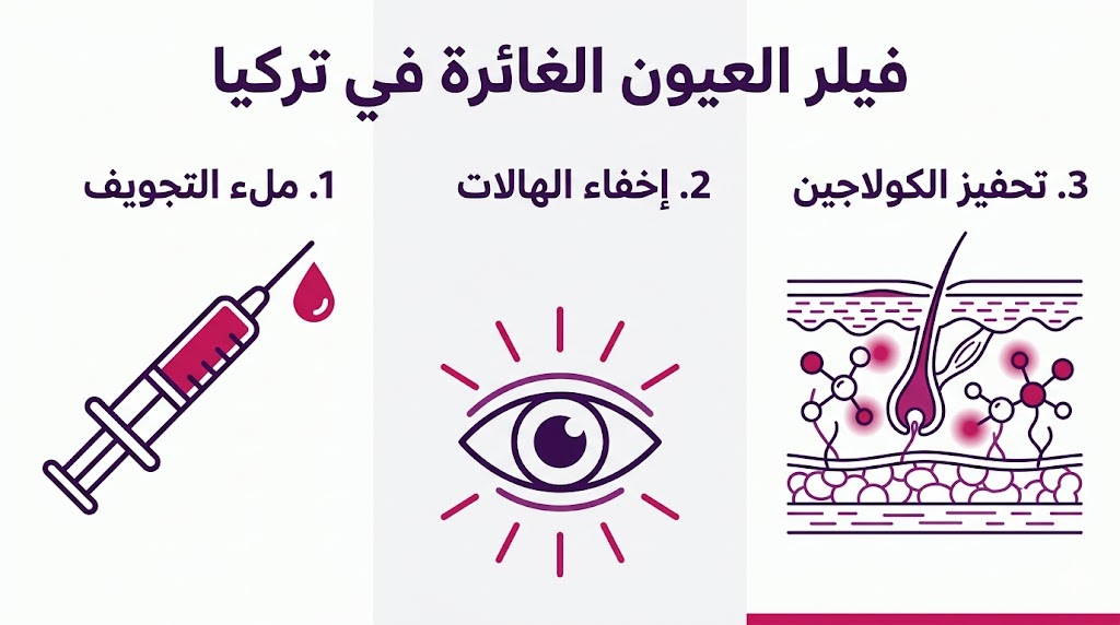 بوستر إنفوجرافيك يوضح الفوائد الثلاث الرئيسية لإجراء فيلر العيون الغائرة في تركيا.