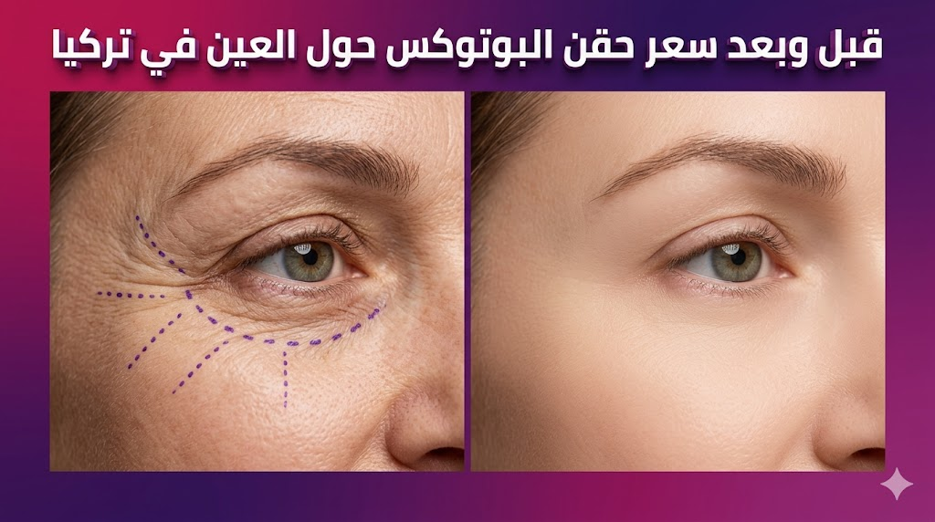 مقارنة قبل وبعد توضح نتائج سعر حقن البوتوكس حول العين في تركيا على تجاعيد البشرة.