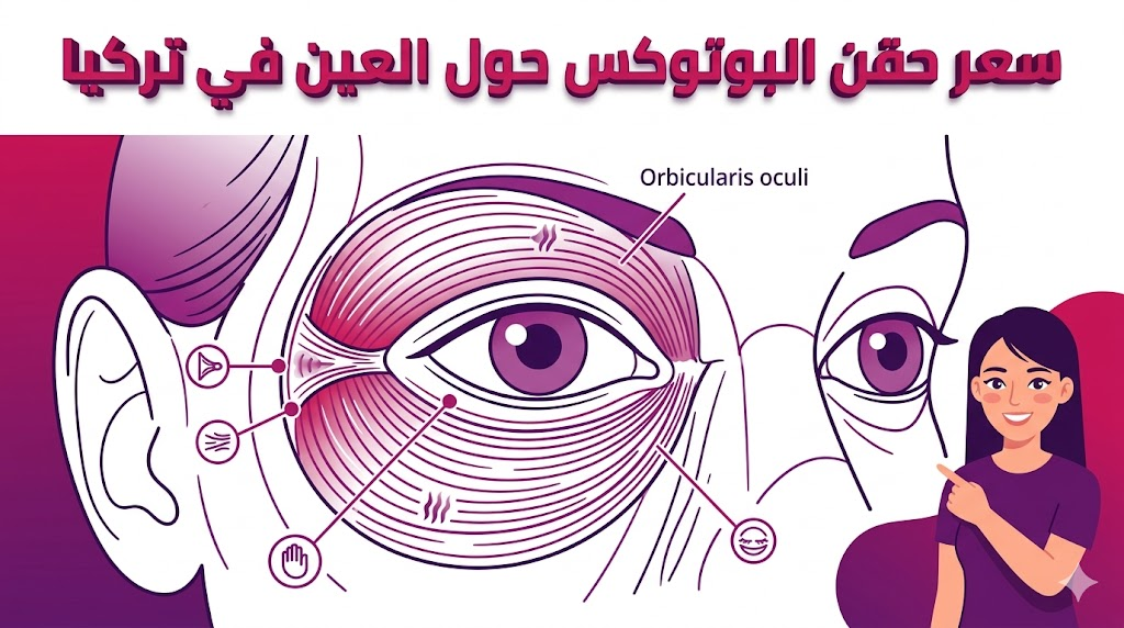  مخطط تشريحي يوضح كيفية عمل العضلات وتأثير سعر حقن البوتوكس حول العين في تركيا.