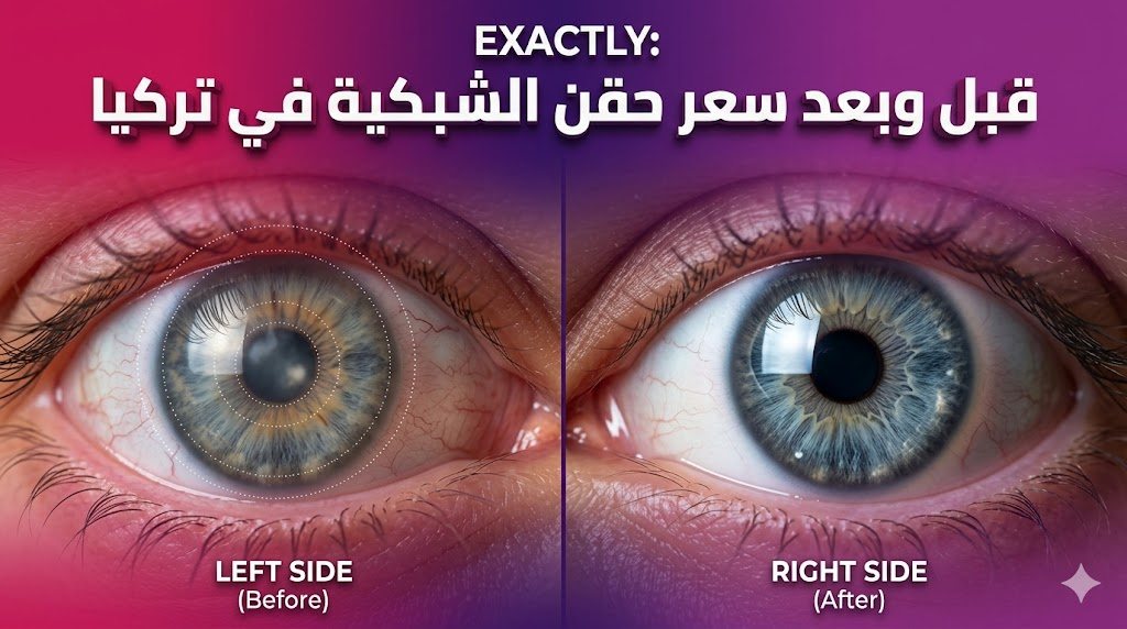  صورة مقارنة قبل وبعد توضح نتائج العلاج مع نص يوضح سعر حقن الشبكية في تركيا.