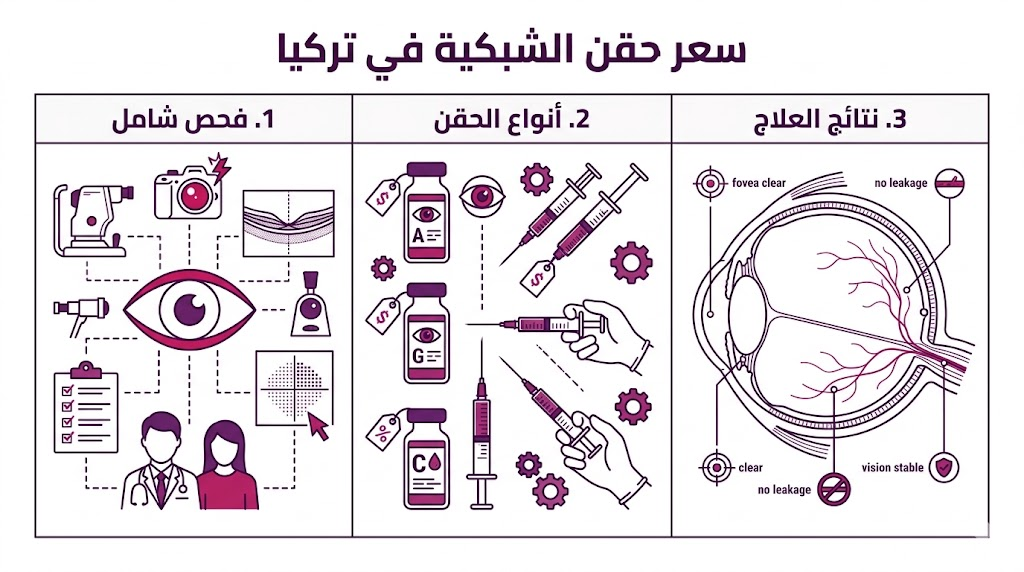 بوستر إنفوجرافيك تعليمي مقسم لثلاثة أقسام يشرح مراحل العلاج المرتبطة بـ سعر حقن الشبكية في تركيا.
