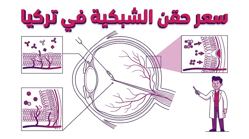  إنفوجرافيك تشريحي يوضح آلية الحقن داخل العين مع التركيز على سعر حقن الشبكية في تركيا.