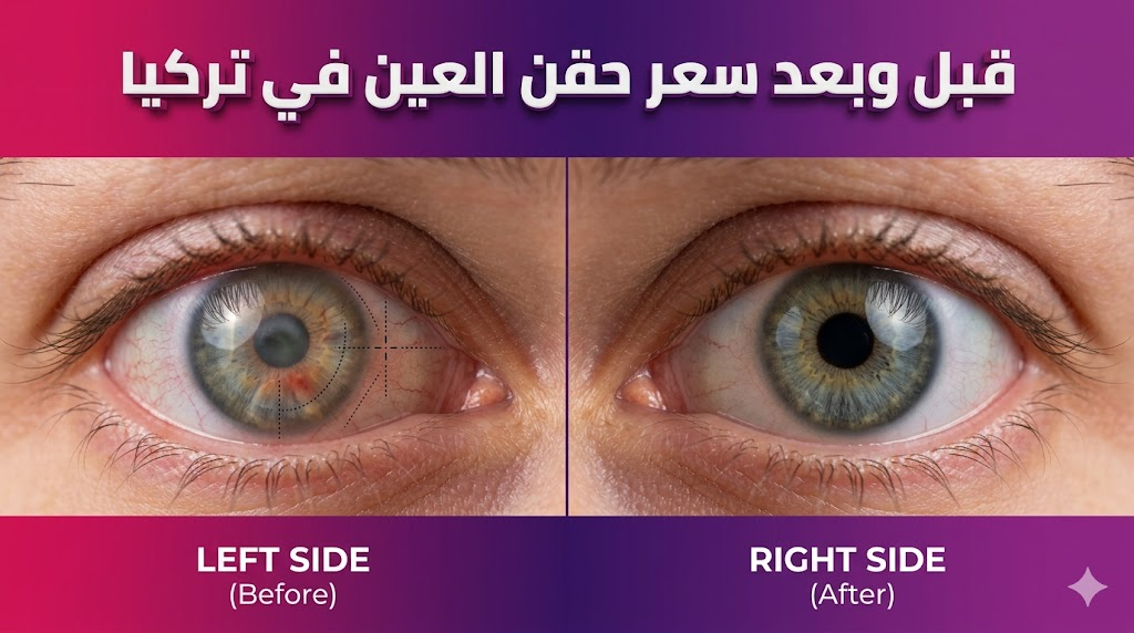  صورة مقارنة قبل وبعد تظهر تحسن حالة العين وعلاج الارتشاح بعد معرفة سعر حقن العين في تركيا والبدء بالعلاج.