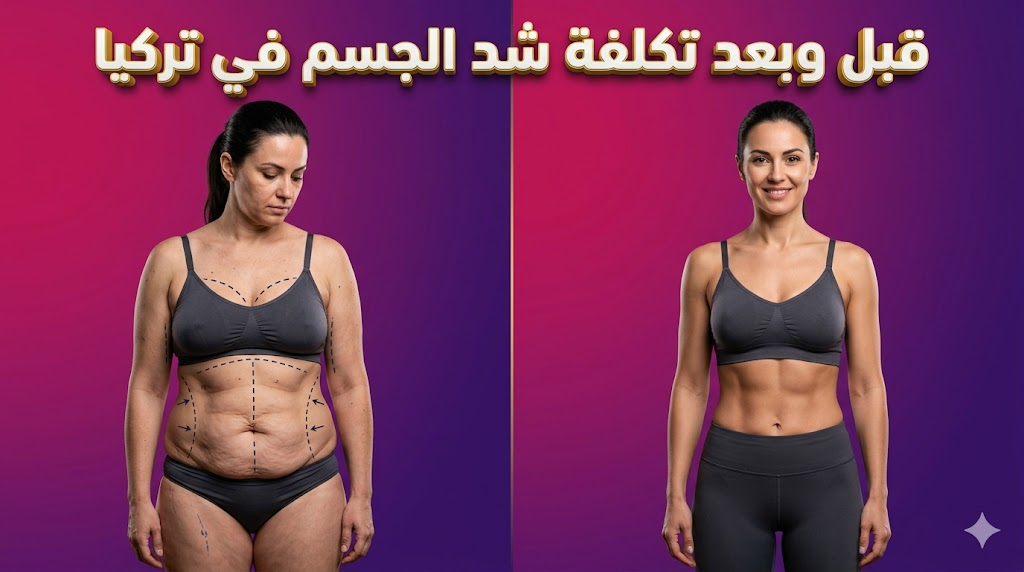  مقارنة قبل وبعد توضح نتائج العملية مع علامات جراحية احترافية تحت عنوان قبل وبعد تكلفة شد الجسم في تركيا.