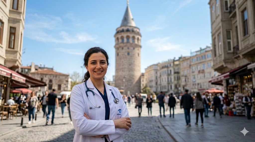  طبيب عيون خبير يقف أمام برج غالاتا في اسطنبول، يرمز لتوفر أفضل الكوادر الطبية وبأنسب سعر حقن العين في تركيا.