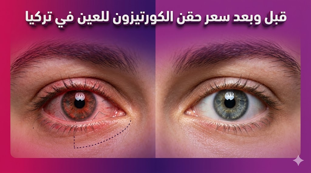 مقارنة قبل وبعد توضح نتائج سعر حقن الكورتيزون للعين في تركيا مع ظهور علامات طبية احترافية للحقن.