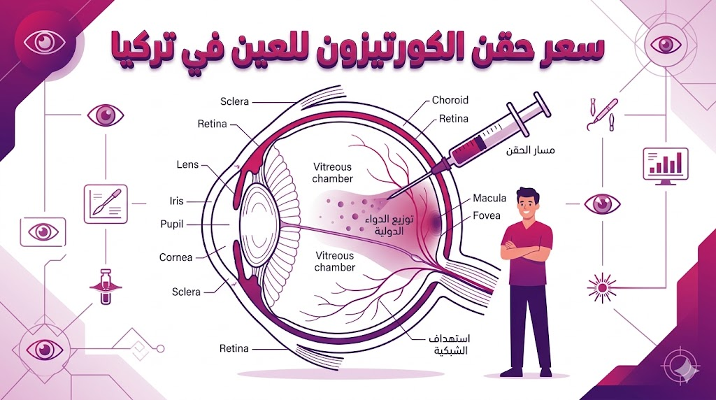  إنفوجرافيك تعليمي يوضح التشريح الداخلي للعين ومسار الحقن المتبع عند السؤال عن سعر حقن الكورتيزون للعين في تركيا.
