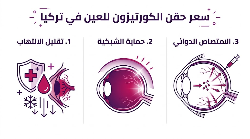بوستر إنفوجرافيك يوضح الفوائد الطبية الثلاث الرئيسية المرتبطة بموضوع سعر حقن الكورتيزون للعين في تركيا.