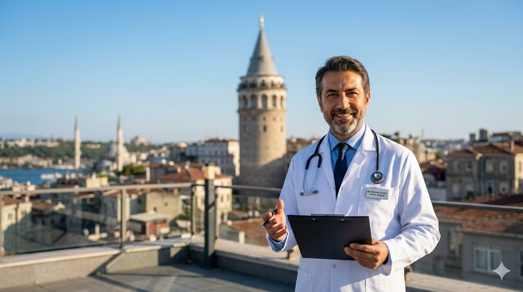 طبيب مختص يقف أمام برج غالاتا في إسطنبول لتقديم استشارات حول سعر حقن الكورتيزون للعين في تركيا.