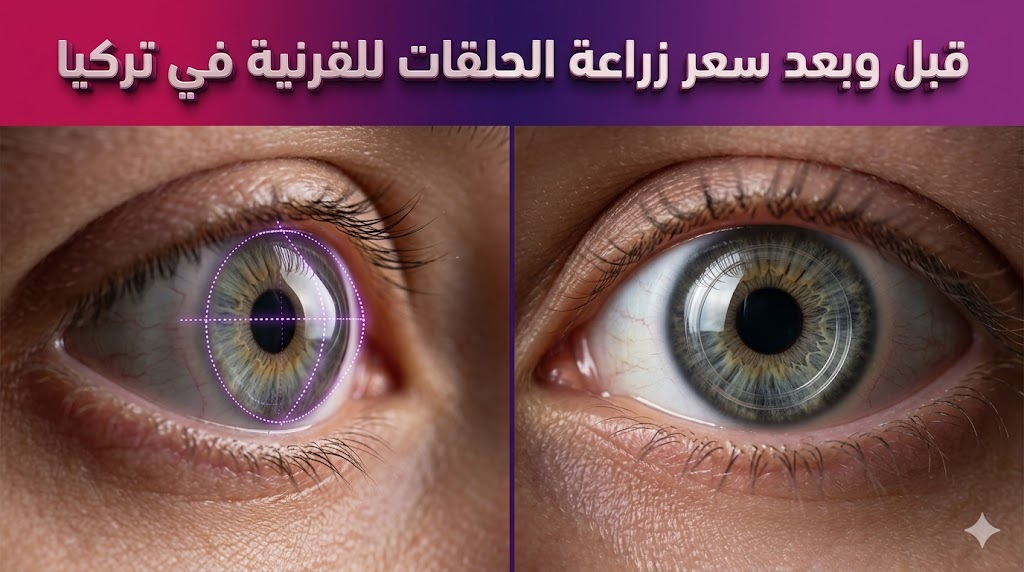  مقارنة قبل وبعد توضح نتائج العملية وتأثير سعر زراعة الحلقات للقرنية في تركيا على شكل القرنية.