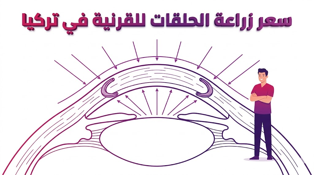 مخطط طبي تشريحي يوضح آلية عمل الحلقات داخل العين ضمن خدمات سعر زراعة الحلقات للقرنية في تركيا.