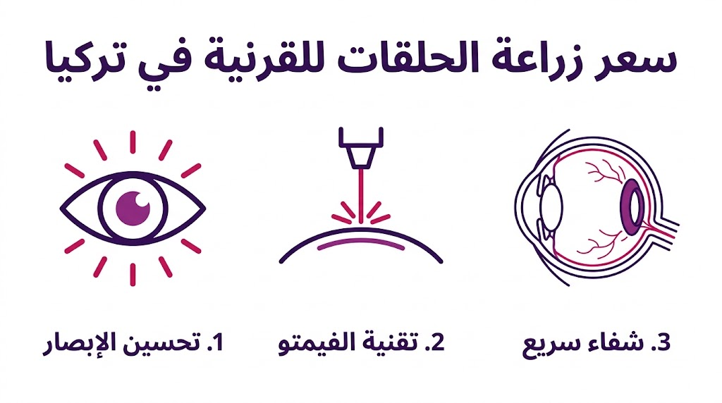  إنفوجرافيك يوضح خطوات العملية والمزايا التي يحصل عليها المريض مقابل سعر زراعة الحلقات للقرنية في تركيا.