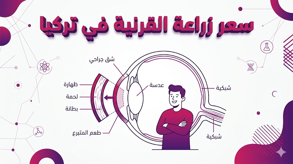  إنفوجرافيك طبي يشرح التشريح الدقيق للعين وكيفية تحديد سعر زراعة القرنية في تركيا بناءً على الخطوات الجراحية.