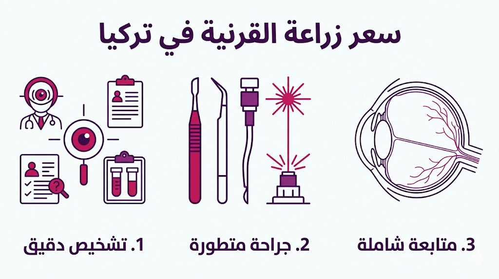  مخطط إنفوجرافيك مقسم لثلاثة أقسام يشرح مراحل العملية وتأثيرها على سعر زراعة القرنية في تركيا.