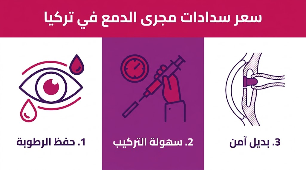 إنفوجرافيك طبي يوضح المزايا الثلاث الرئيسية التي تؤثر على سعر سدادات مجرى الدمع في تركيا.