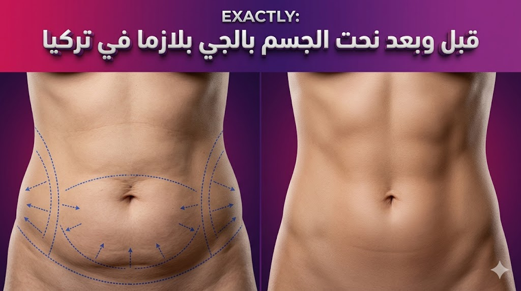 و مقارنة قبل وبعد تظهر علامات التخطيط الجراحي والنتائج النهائية لعملية نحت الجسم بالجي بلازما في تركيا.
