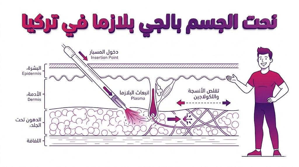 مخطط تشريحي وفيكتور تعليمي يوضح آلية شد الأنسجة الداخلية أثناء نحت الجسم بالجي بلازما في تركيا.