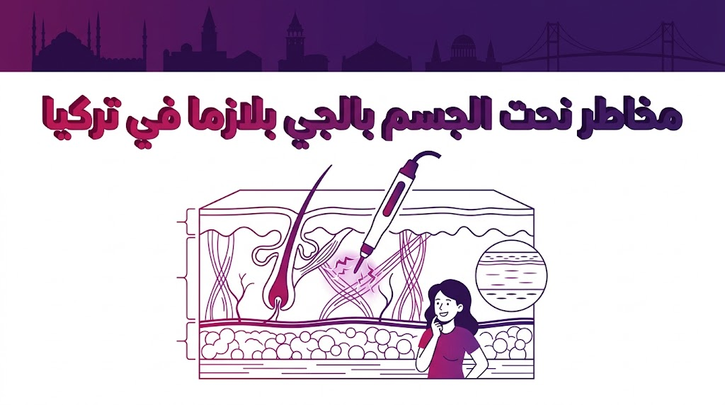 مخطط تشريحي يوضح آلية عمل الجهاز والاحتياطات الطبية لتجنب مخاطر نحت الجسم بالجي بلازما في تركيا.