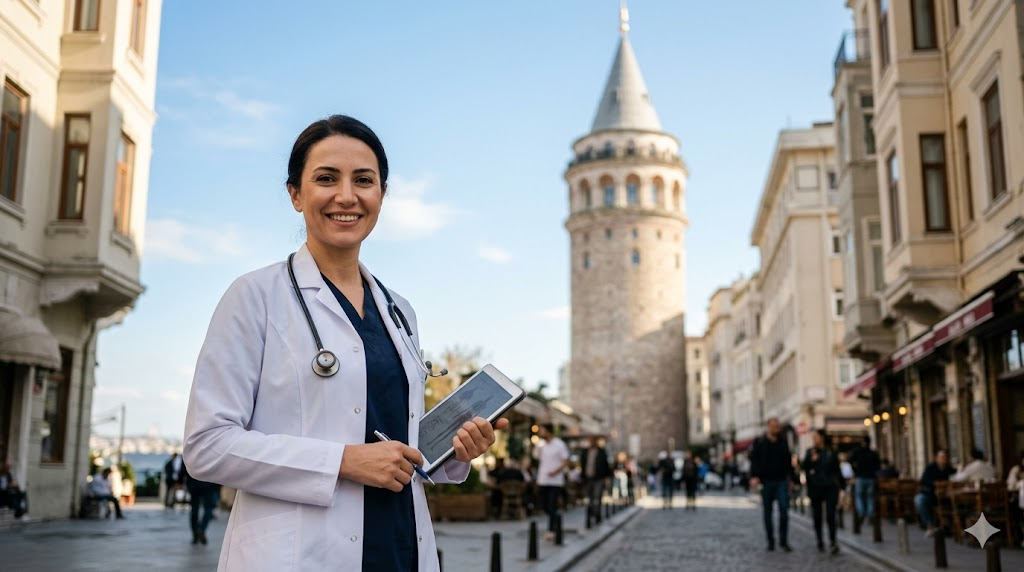 جراح تجميل في إسطنبول يقدم نصائح طبية حول مخاطر نحت الجسم بالجي بلازما في تركيا أمام برج غالاتا.