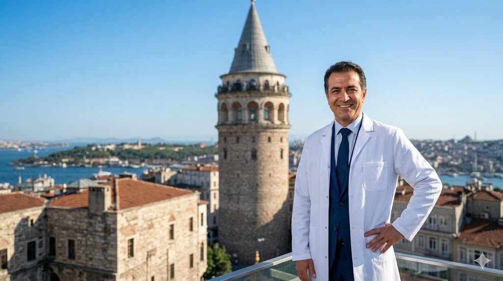 طبيب عيون متميز يقف أمام برج غالاتا في إسطنبول لتقديم خدمات تتعلق بـ سعر عدسات ICL الأصلية في تركيا.