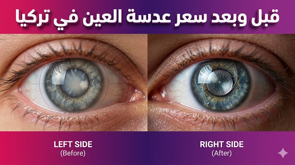 مقارنة واقعية قبل وبعد توضح تحسن الرؤية بعد معرفة سعر عدسة العين في تركيا وإجراء عملية الزراعة.
