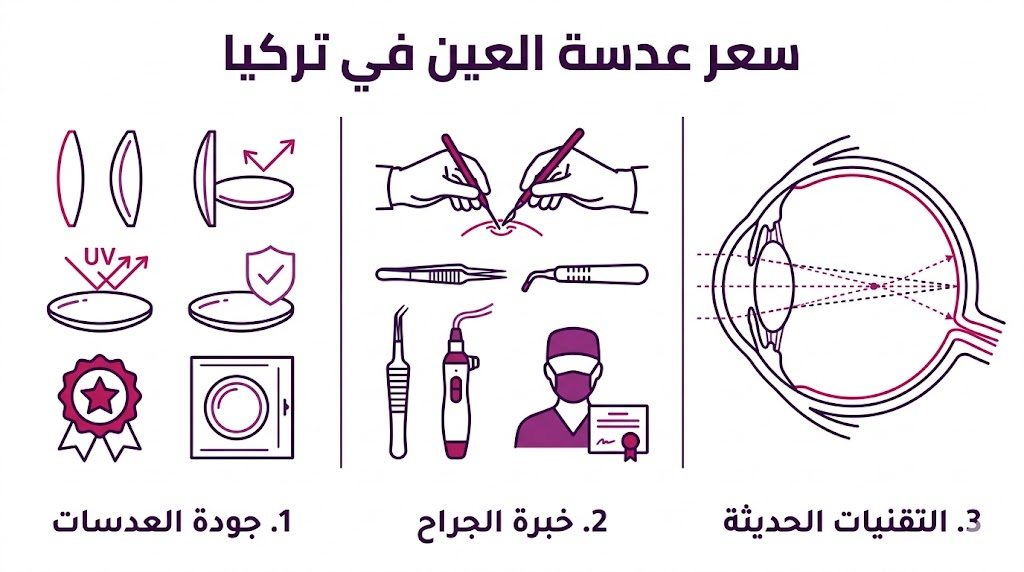  بوستر إنفوجرافيك يوضح العوامل المؤثرة في سعر عدسة العين في تركيا مثل الجودة والخبرة والتقنية.