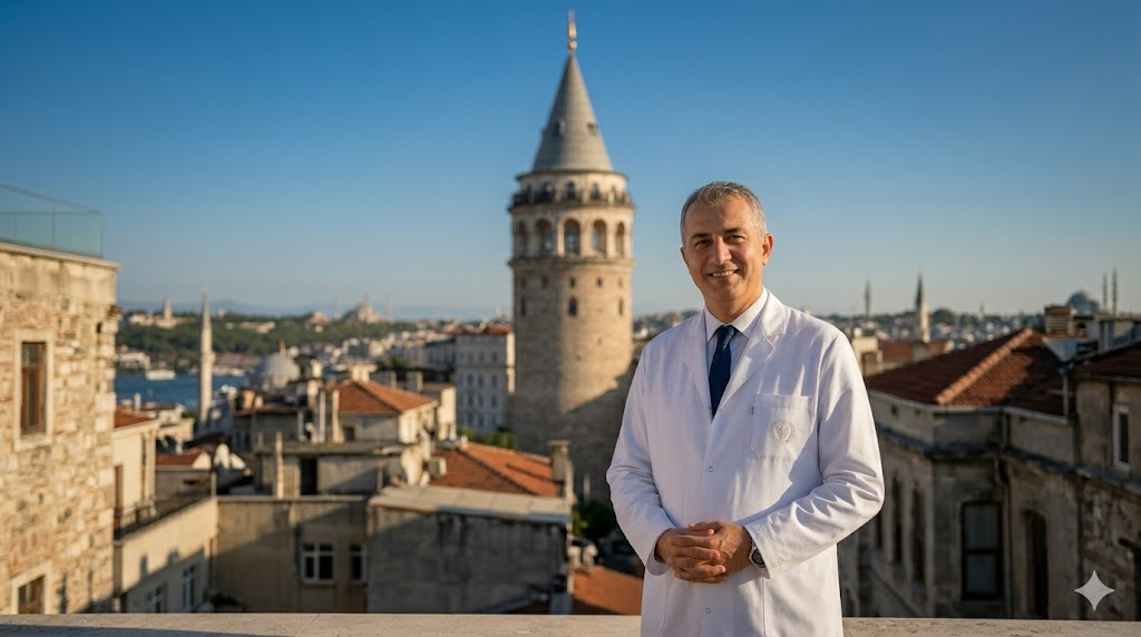  طبيب عيون متميز يقف أمام برج غالاتا في اسطنبول لتقديم خدمات زراعة العدسات وبحث سعر عدسة العين في تركيا.