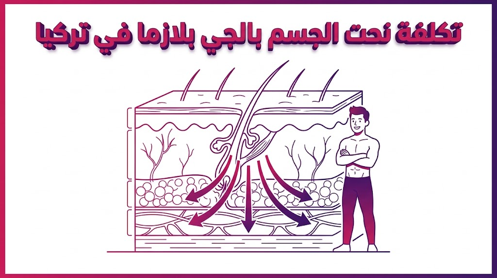 مخطط طبي يوضح آلية عمل تقنية تكلفة نحت الجسم بالجي بلازما في تركيا وتأثيرها على شد أنسجة الجلد الداخلية.